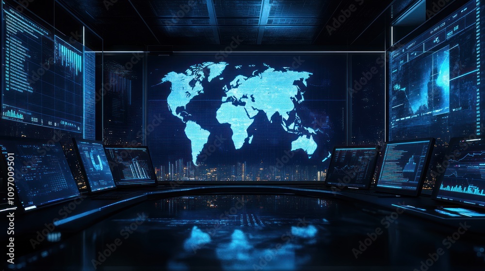 Poster A high-tech control room with digital world map and data displays for monitoring purposes.