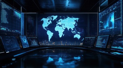 A high-tech control room with digital world map and data displays for monitoring purposes.