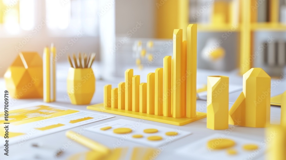 Poster Yellow geometric shapes and graphs representing data analysis and visualization.