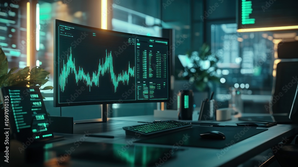 Poster A modern office setup featuring a computer displaying financial data and analytics.