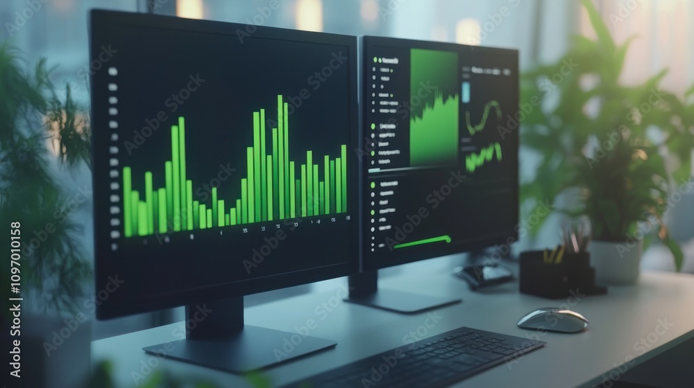 Poster Two monitors displaying green data visualizations in a modern office setting.