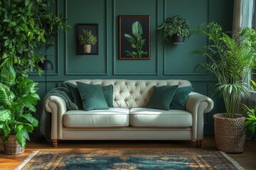 cozy modern living room featuring a monochrome sage green wall, trendy decor, house plants, and warm lighting inviting relaxation and comfort