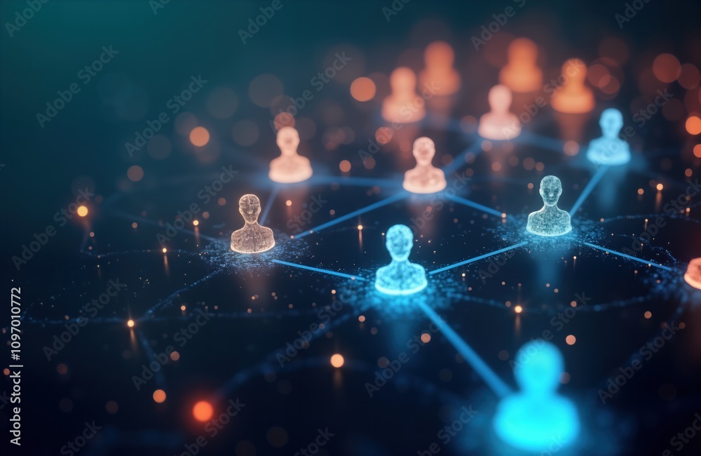 Poster Glowing human icons network. Digital communication concept. Abstract social media background. Interconnected nodes. Tech illustration. Global network. Virtual community. Data connection. Bright