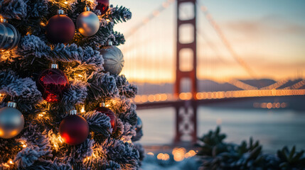 Close-up image of Christmas tree with red and silver ornaments on the background of San Francisco panorama