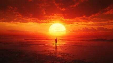 A solitary figure stands against a dramatic sunset over the ocean.