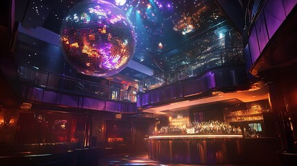 Lavish Nightclub Interior with Disco Ball and Illuminated Bar