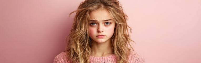 Naklejka premium Young woman with wavy hair poses against a pink backdrop