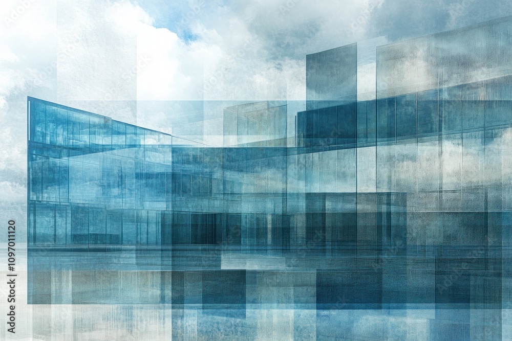 Poster Abstract representation of layered glass structures reflecting light and clouds.