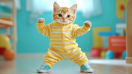a charming ginger kitten dressed in a yellow striped onesie and blue sneakers standing in a playful stance. Set in a brightly lit room with toys, it exudes cuteness and charm.