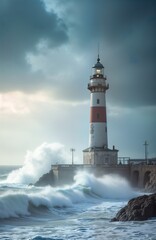 Obraz premium Lighthouse stands strong. Huge waves crash against rocky coast. Dramatic stormy weather. Atlantic ocean power. Porto harbor. Portugal seascape. Windy day. Nature power. Beacon shines bright.