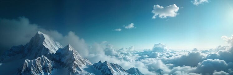 Snowy mountain peaks rise above sea of clouds. Bright sunlight illuminates scene. Panoramic view of majestic landscape. Perfect for climate change travel theme. Ideal background for website print.