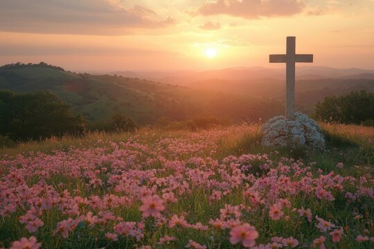 cross glimmers atop a grassy hill, surrounded by blooming wildflowers. soft light of dawn bathes the scene in a golden hue, evoking a sense of peace and reflection during holy week