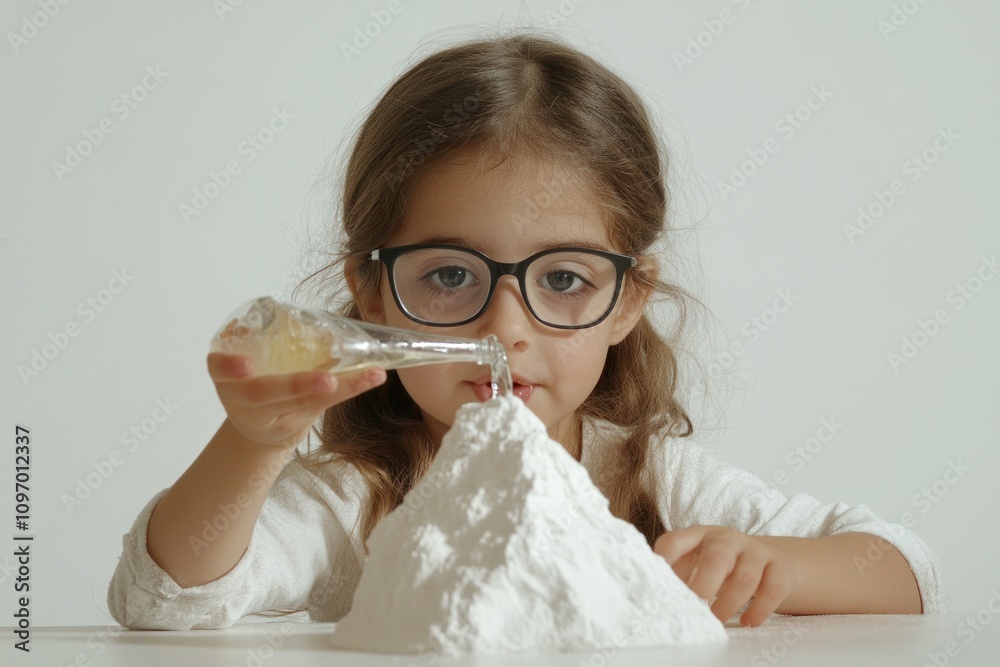 Aufkleber a child experiments with a volcano model, pouring liquid to create a reaction.