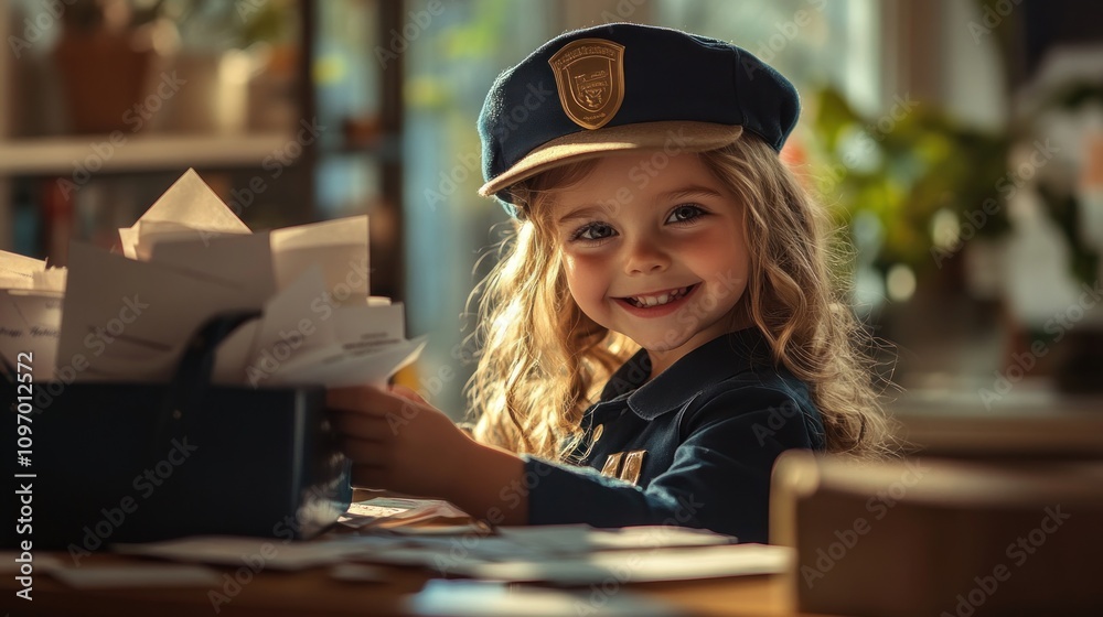 Aufkleber A smiling child in a police uniform sorting through a pile of letters.
