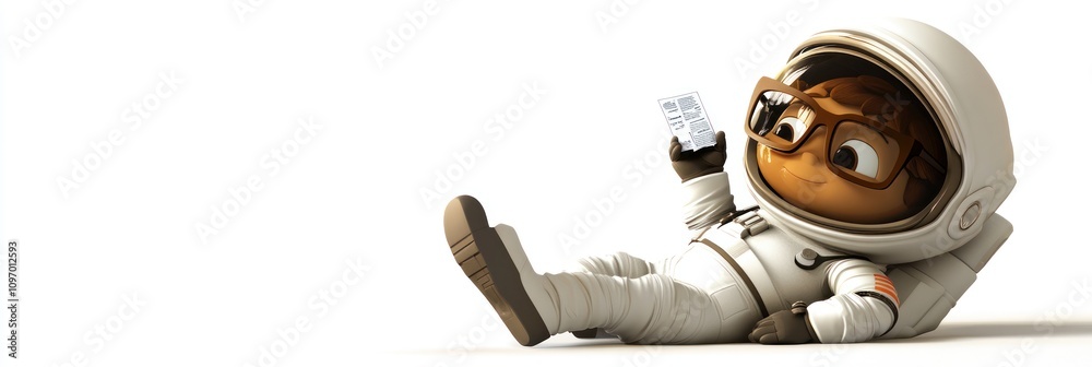 Poster a cartoon character in an astronaut suit relaxes while holding a device.
