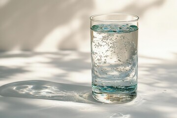crystal clear water in a tall, elegant glass, reflecting light against a pristine white backdrop, emphasizing simplicity and purity with soft shadows