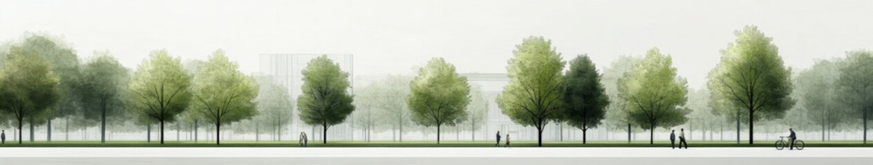 Fototapeta premium Lush city park landscape with trees and pedestrians enjoying a calm day