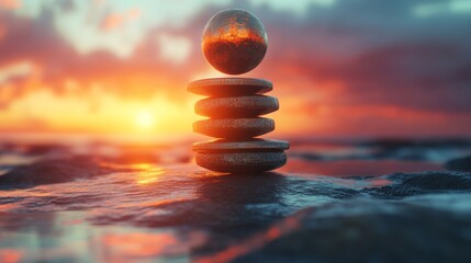 Obraz premium Balanced Sphere Atop Stacked Stones Sunset Scene