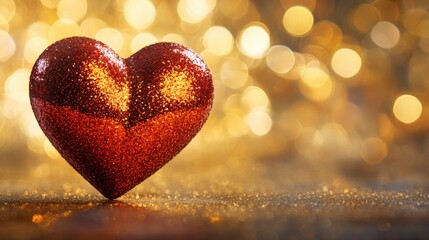 Fototapeta premium Sparkling Red Heart on a Golden Bokeh Background