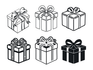 Set of Gift Boxes, Stylish bundle of gift box silhouettes in vector format, ideal for holidays and special occasions, line art.