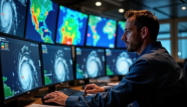 Meteorologist tracks hurricane intensity. National weather service office monitors storm data. Real time wind speed pressure maps. Emergency response team analyzes crisis situation.