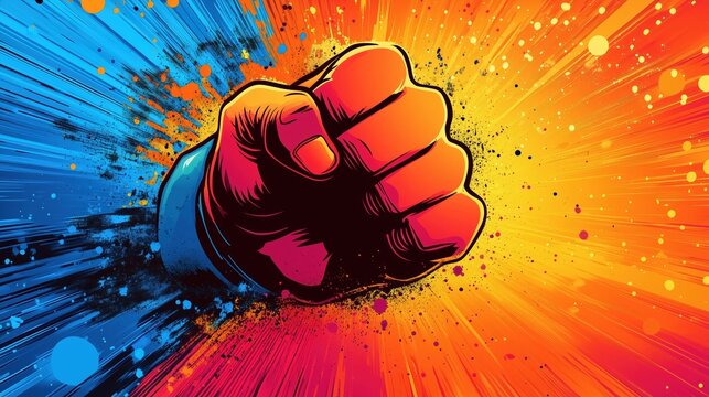 blue orange background with a clenched fist, a symbol of struggle, resistance and protest