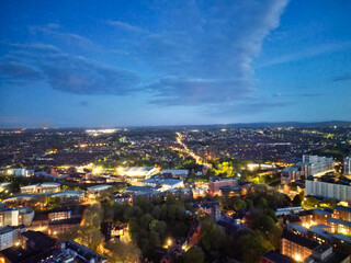 High Angle View of Illuminated Historical Central Leicester City of England UK at Night. Aerial Footage Was Captured with Drone's Camera During Midnight of April 26th, 2024 from Medium High Altitude.