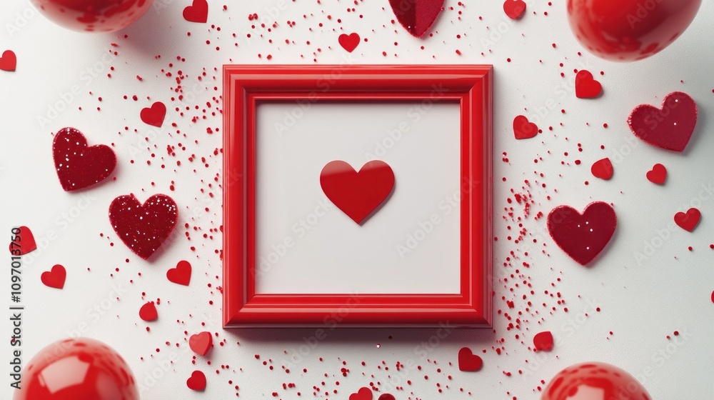 Poster A red-themed heart display with a frame and scattered hearts, symbolizing love and affection.