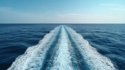 Cruise ship leaves a wake in the calm blue ocean under sunny skies