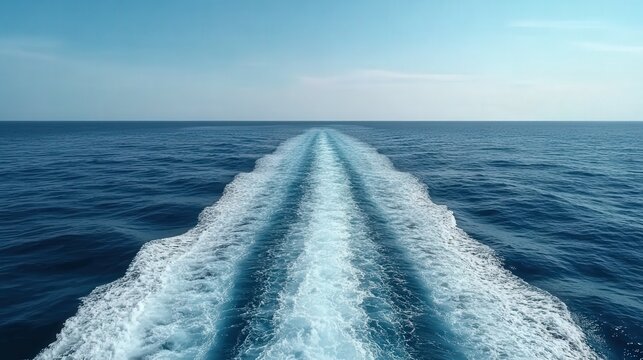 Cruise ship leaves a wake in the calm blue ocean under sunny skies