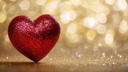 Fototapeta premium Sparkling Red Heart Against a Golden Bokeh Background