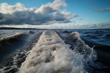 Waves created by a boat on a calm lake on a sunny day