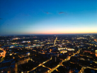 High Angle View of Illuminated Historical Central Leicester City of England UK at Night. Aerial Footage Was Captured with Drone's Camera During Midnight of April 26th, 2024 from Medium High Altitude.