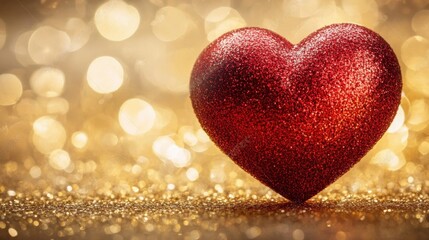 Fototapeta premium Glittering Red Heart on a Golden Bokeh Background for Romantic Themes