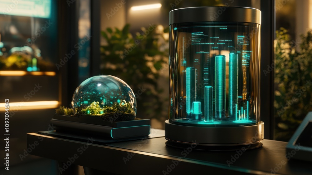 Poster a futuristic display featuring a glowing data cylinder and a bioluminescent dome.