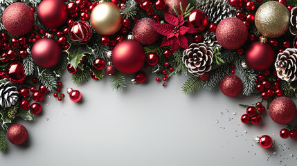 Dark Red Christmas Balls with splash Ornaments on White Background Copy Space 