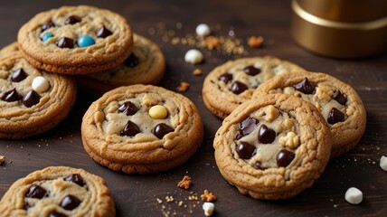 Delicious chocolate chip cookies with colorful candies on wooden table.