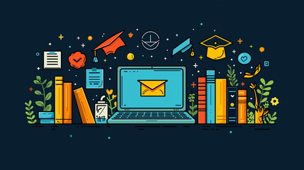 A vector illustration of a laptop with educational icons like books, graduation caps, and certificates, reflecting the accessibility and convenience of online education.