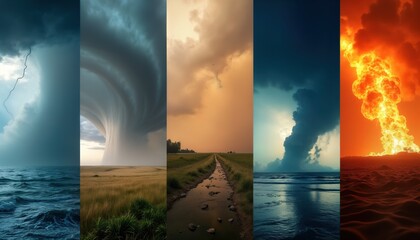 Fototapeta na wymiar Extreme weather collage shows hurricane tornado flood wildfire. Climate change impact. Global warming crisis. Natural disaster art. Earth destruction. Futuristic illustration. Abstract modern design.
