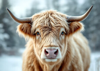 Cute albino cow cattle heifer bull highland longhorn with horns at Christmas in a snowy field in winter decorated with a santa hat crown pine garland around its neck with red berries
