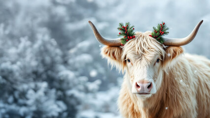 Cute albino cow cattle heifer bull highland longhorn with horns at Christmas in a snowy field in winter decorated with a santa hat crown pine garland around its neck with red berries