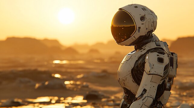 Astronaut robot at sunset on alien planet.