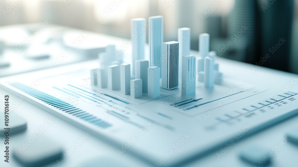 Poster 3D data visualization with bar graphs and charts for analytical purposes.