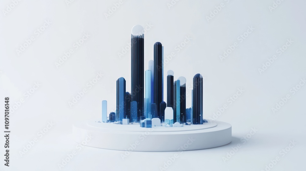 Poster abstract representation of a cityscape with varying heights and shades of blue.