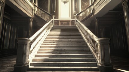Fototapeta premium grand marble staircase in a historic building, with ornate handrails, elegant design