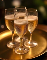 Glasses of champagne clinking with golden streamers and confetti in the background