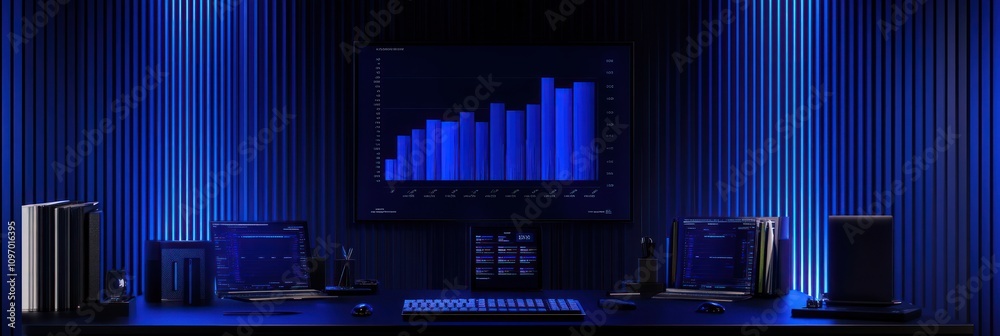 Poster A modern workspace featuring a computer setup with data visualization.