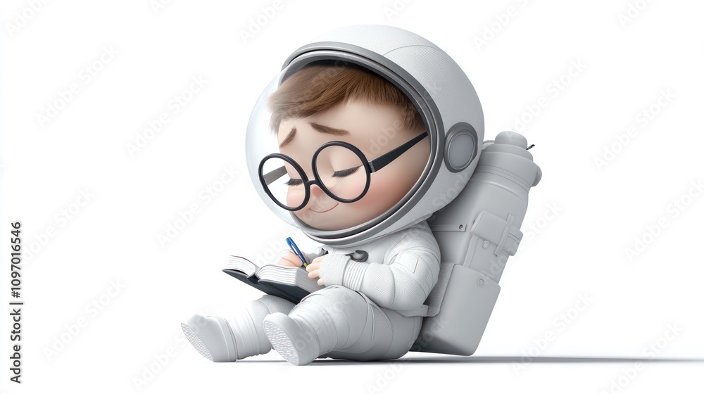 Aufkleber a cute child in a spacesuit happily writing in a notebook while sitting on the ground.