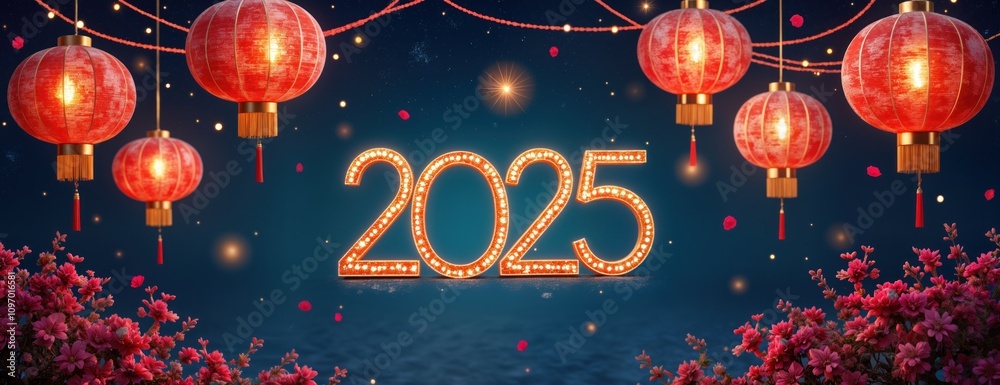 Poster 2025 new year celebration design. illuminated numbers 2025 with red chinese lanterns. festive backgr