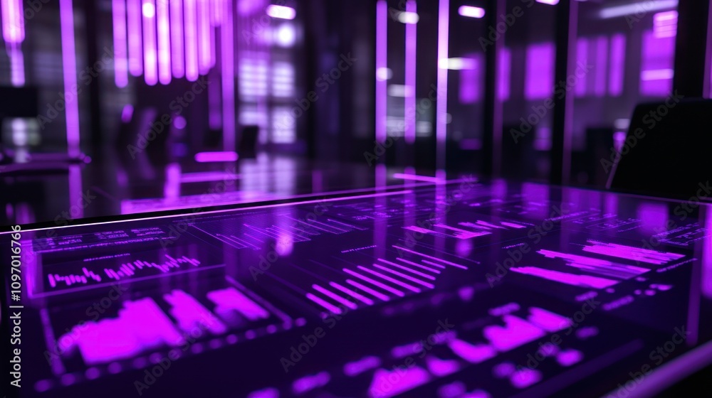 Leinwandbilder a sleek digital interface displaying data analytics in a modern, purple-lit environment.